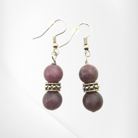 Lavender Purple Jade Earrings Silver Plated Ear Wires - Picture 6 of 7